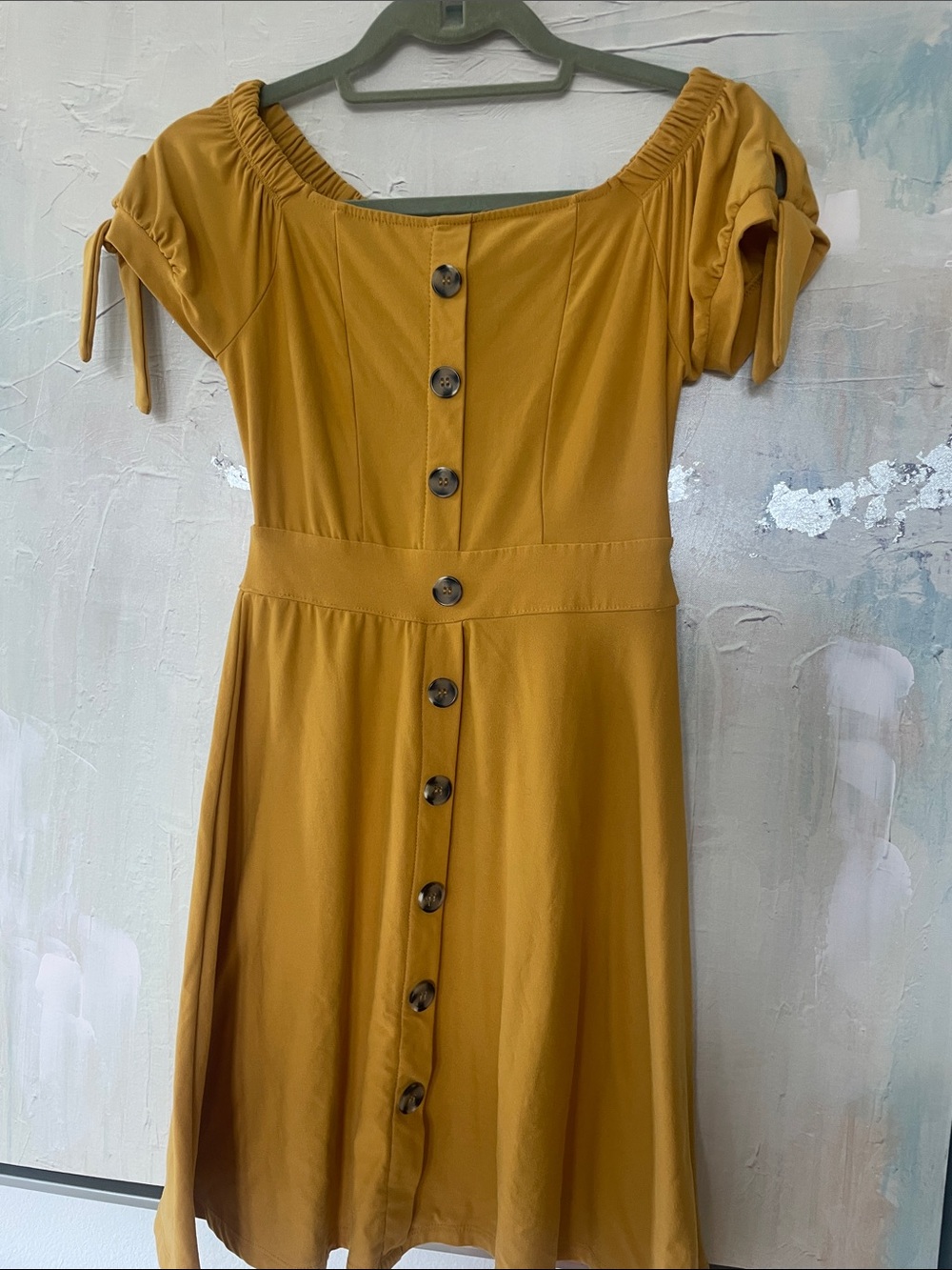 Derek Heart Off-Shoulder Button-Front Dress in Mustard